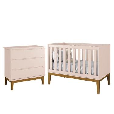 Imagem de Jogo De Quarto Infantil Cômoda 3 Gavetas E Berço Classic Rosa Fosco Com Pés Amadeirado Reller Móveis Rosa Fosco
