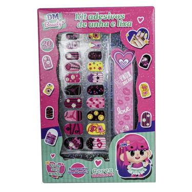 Imagem de Kit Adesivos de Unha e Lixa DM7076 com 20 Unidades Decoradas e 1 Lixa Infantil para Coordenação Motora DM Toys