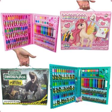 Imagem de Maleta de Pintura Infantil OEM 150 Peças com Canetinhas Giz Lápis de Cor e Acessórios Rosa