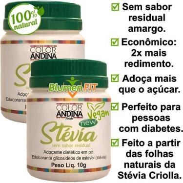 Imagem de Kit 2x Adoçante Stévia em Pó 10g Color Andina 100 Natural Sem Sabor Re