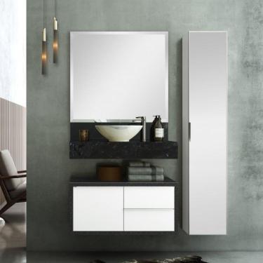 Imagem de Conjunto de Banheiro Pró 80cm com Espelho, Gabinete, Bancada, Armário Vertical e Cuba de Apoio Bumi Preto
