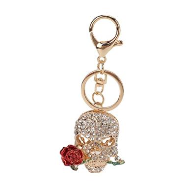 Imagem de Chaveiro Crystal Skull, Death Rose Skull chaveiro de carro, gancho de chaveiro chaveiro legal, decoração de bolsa de pingente de carro(深红色)