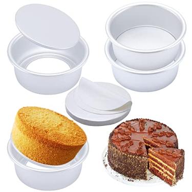 Imagem de Conjunto de 4 formas redondas de 15 cm, formas antiaderentes de alumínio com 100 folhas de papel manteiga, formas de bolo para fazer bolos em camadas, quiches de pizza, fundo removível para liberação