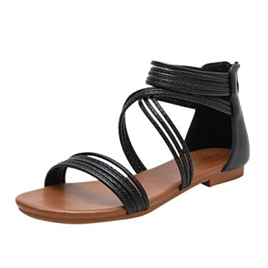 Imagem de Sandálias rasteiras estilo ético para mulheres elegantes moda verão sandálias casuais femininas planas romanas sapatos de praia à beira-mar (preto, 8,50)