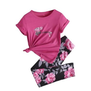 Imagem de Cozyease Conjunto de 2 peças para meninas com estampa gráfica de manga curta camiseta de verão e calça rodada, Rosa choque, 9 Anos