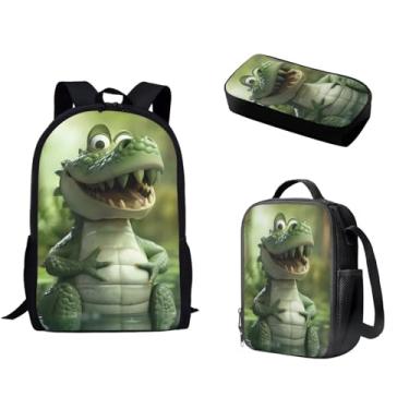 Imagem de Spowatriy Linda mochila de crocodilo 43 cm para meninos e meninas com lancheira e estojo de lápis com alças acolchoadas durável para trilhas, acampamento, mochila para livros