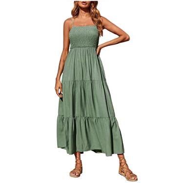 Imagem de Vestidos sem mangas sem alças para mulheres de linho maxi longo praia havaiano franzido vestidos de sol feminino, A-964 verde-limão, 3G