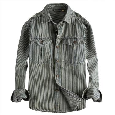 Imagem de Camisa jeans masculina, manga comprida, estampa listrada, ombro caído, roupa de fora, cor combinando com caimento solto, Verde-claro, 3G