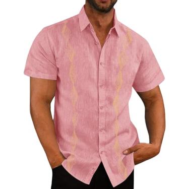 Imagem de Eymitory Camisa masculina de linho cubana Guayabera, manga curta, abotoada, casual, algodão, linho, verão, praia, tops, rosa, GG