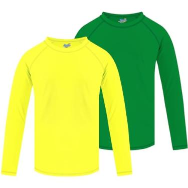 Imagem de Pacote com 2 camisetas de natação Rash Guard de manga comprida FPS + 50 camisetas de sol para crianças pequenas Rashguard, Verde e amarelo, 10-12 Years