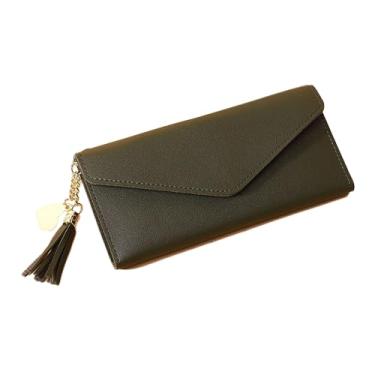 Imagem de Bestgift Carteira feminina curta borla clipe de dinheiro porta-cartões clutch porta-moedas, Verde escuro longo, 18.5*9cm