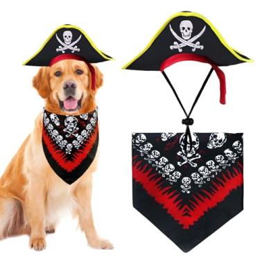 Imagem de GOYOSWA Fantasia de pirata de cachorro, fantasia de Dia das Bruxas, conjunto de chapéu de pirata e bandana roupas de férias para cães pequenos, médios e grandes (estilo A, grande)