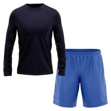 Imagem de Kit Short Azul + Camiseta Masculina Manga Longa Segunda Pele Esporte Treino-Masculino