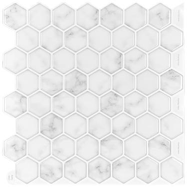 Imagem de Decopus Descasque e cole azulejos de cerâmica sintética (Hexagon 3D) para cozinha, banheiro, carro de acampamento - remodelação DIY, decorações de parede, sem rejunte, mármore de azulejo inteligente falso (branco mármore, 10 unidades/pacote)