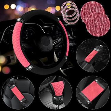 Imagem de JINGSEN 11 peças de acessórios de carro de couro strass brilhante, capa de volante para mulheres, console central apoio de braço capa de cinto capa de freio de mão porta-copos conjunto completo para