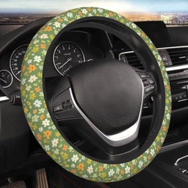 Imagem de MAGIFUN Capa de volante floral verde para mulheres linda margarida capa de volante de carro antiderrapante e absorvente de suor protetor de volante acessórios de carro ajuste universal 38 cm