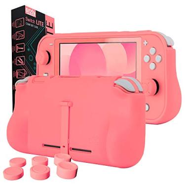 Imagem de Orzly Capa aderente compatível para uso com Nintendo Switch Lite – Capa com alças acolchoadas confortáveis, suporte e pacote de alças de polegar - coral