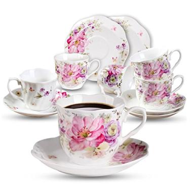 Imagem de Conjunto de copos e pires de café de 200 ml – 6 conjuntos de xícaras de chá de 220 ml com padrão de pintura de flores e porcelana da China para Mocha Cappuccino, Fino, 2.8 OZ, 2.8 OZ, 6