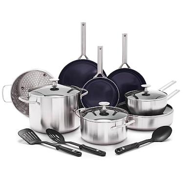 Imagem de Blue Diamond Cookware Conjunto de panelas e frigideiras antiaderentes de cerâmica tripla aço inoxidável para indução, 15 peças, prata
