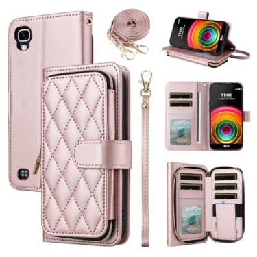 Imagem de Furiet Argyle Capa carteira para LG X Power com alça de pulso, 9+ compartimentos para cartão com zíper bolsa de couro PU de luxo capa de celular xadrez para XPower 1 LS755 K450 mulheres meninas ouro