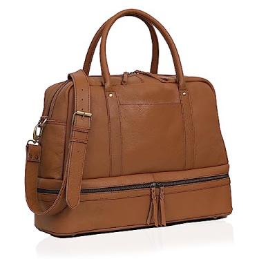Imagem de Bolsa feminina de couro para fim de semana com compartimento para sapatos, bolsa esportiva feminina grande de fim de semana, melhor presente para esposa, Marrom, 20" (L) x 13.5" (H) x 7.5", Bolsa de