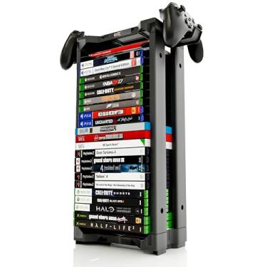 Imagem de ADZ Suporte universal para jogos – Rack de torre de armazenamento de 23 jogos para PS2, PS3, PS4, PS5, PSP, Xbox 360, Xbox One Series X, Wii Switch, jogos, DVD e Blu-Ray. Inclui 2 suportes de controle
