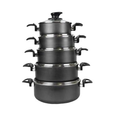 Imagem de Jogo de Panelas Antiaderente 5 Peças com Tampas de Vidro Temperado e Alças Seguras Durabilidade Resistência Versátil e Elegante - Cor Preta