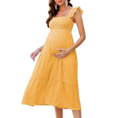 Imagem de KOJOOIN Vestido feminino de verão sem mangas com decote quadrado franzido casual boho midi vestido de chá de bebê sessão de fotos, Amarelo claro, XGG