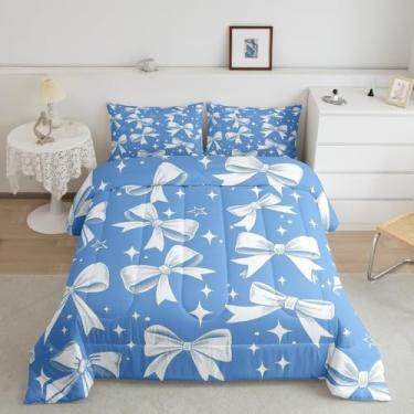 Imagem de jejeloiu Jogo de cama solteiro fofo com laço, laço branco, para adultos, meninos e meninas, conjunto de edredom com estampa de estrela, azul e branco, 2 peças