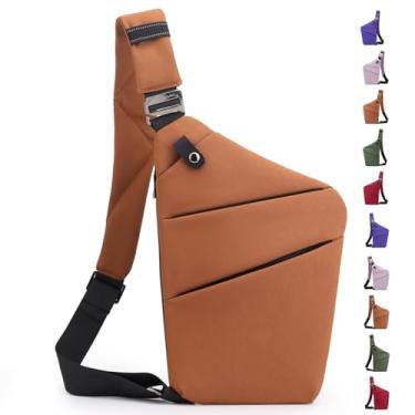 Imagem de Macleria Bolsa tiracolo antirroubo, bolsa tiracolo para mulheres e homens, bolsa de ombro com vários bolsos para viagens, esportes, trabalho, Marrom-ombro esquerdo