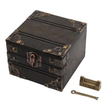 Imagem de MUNEFE Caixa de baú de tesouro de madeira vintage, caixa de armazenamento de jóias com trava de metal, caixa decorativa vintage de grande capacidade para bugigangas de jóias