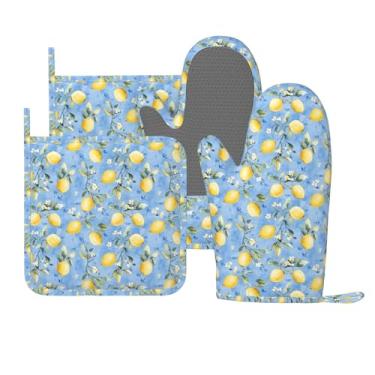 Imagem de Conjunto de luvas de forno para panelas aquarela, flor de limão, azul, luvas de cozinha de silicone, resistentes ao calor para chef, assar, cozinhar, grelhar, churrasco, pacote com 4 luvas