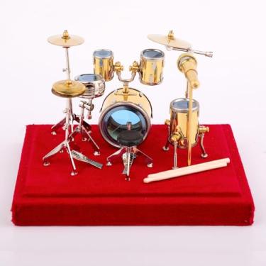 Imagem de Dselvgvu Conjunto de bateria em miniatura de latão mini instrumento musical réplica no suporte com capa de exibição, estatuetas colecionáveis, presentes de aniversário, decoração de casa, ornamentos