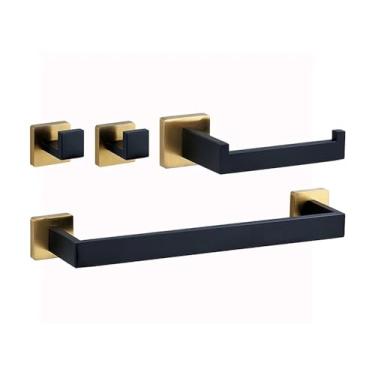 Imagem de Banheiro Preto Ouro Suporte de Papel Higiênico Toalheiro Suporte Gancho de Roupão Anel de Toalha Aço Inoxidável Conjunto de Ferragens para Banheiro Kit, Conjunto de 4 peças A