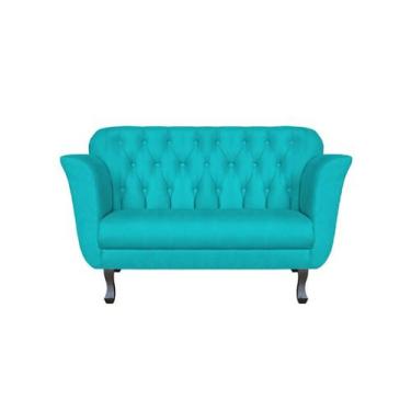 Imagem de Namoradeira Decorativa Dália Suede Azul Turquesa 2 Lugares Pés Madeira