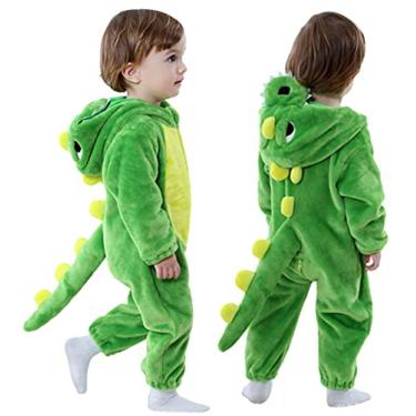 Imagem de lontakids Macacão infantil infantil de flanela com capuz de dinossauro macio para presente (31-36 meses, verde)