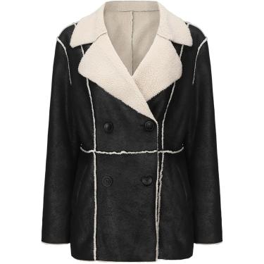 Imagem de Jaqueta De Camurça Falsa Para Mulheres De Couro Casaco Treh De Comprimento Médio Inverno Manga Longa Lapela Botão-down Outwear, Black, S(Bust:102cm)