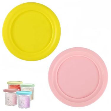 Imagem de FixItRight 2 peças de tampas de silicone para sorvete (rosa e amarelo) – capas de substituição para Ninja Creami NC500, NC501 Series sorveteira, tampas de armazenamento de alimentos à prova de
