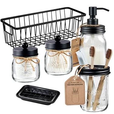Imagem de Conjunto de acessórios para banheiro SheeChung Mason Jar (6 peças) – dispensador de sabonete espumante, suporte para escova de dentes, suporte Qtip, potes de boticário, sabonete, organizador de armazenamento de arame mental – decoração rústica de casa de fazenda, Preto