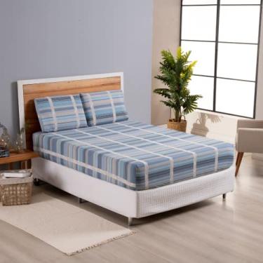 Imagem de Jogo de Lençol 3 Pçs Casal King Dia a Dia Simples Estampado Percal 180 Fios com Elástico (Azul Listrado)