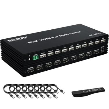 Imagem de Switcher HDMI 4K 8 em 1 com KVM, multivisor 4K com controle remoto infravermelho e interruptor de botão, divisor HDMI com 16 modos de exibição, 1 tela inteira + 15 tipos de modos de tela dividida, 2