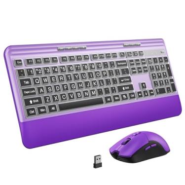 Imagem de KOPJIPPOM Combo silencioso de teclado e mouse sem fio – teclado com capa de impressão grande, teclado ergonômico de tamanho completo de 2,4 GHz com descanso de pulso e mouse para laptop, PC, notebook
