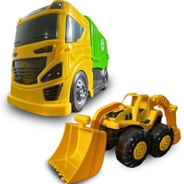 Imagem de Kit 2 Brinquedos Caminhão Coletor E Trator Reto-Escavadeira Presente M