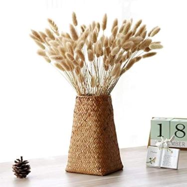 Imagem de Cesta de trama de algas marinhas naturais vaso de vime pastoral sala de tecelagem de bambu arranjo de flores Gypsophila decoração de vaso de flores secas (B)