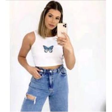 Imagem de Cropped feminino borboleta sem manga malha canelada moda - filo modas,