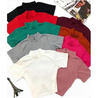 Imagem de Cropped feminino gola alta manga curta basico malha canelada - moda fi