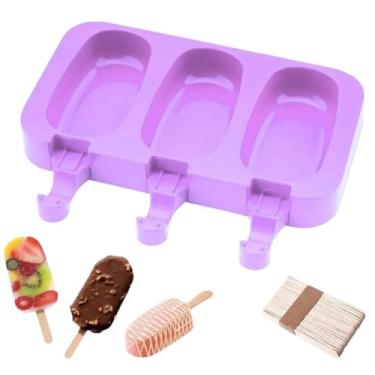 Imagem de Forma de Sorvete Picole Caseiro em Silicone Com 3 Cavidades e Tampa com 50 palitos