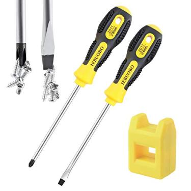 Imagem de Chave de fenda IEBUOBO com fenda e Phillips, PH2 Chave de fenda de 10 cm de comprimento e chave de fenda de lâmina plana, 2 pacotes de chave de fenda magnética com cabo de borracha, com ferramenta magnetizador/desmagnetizador