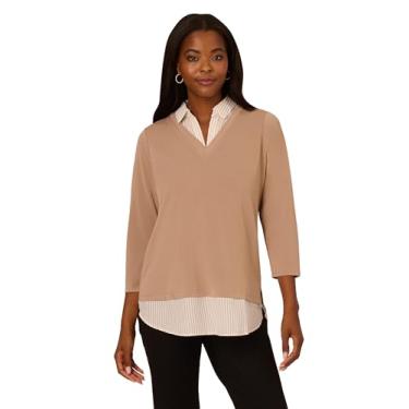 Imagem de Adrianna Papell Estampa feminina manga 3/4 com gola V aberta, Cacau com listras claras de cacau, GG