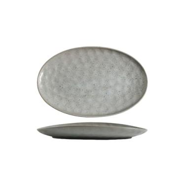 Imagem de Prato de sashimi oval de cerâmica estilo japonês, prato de churrasco oval doméstico - 35,5 cm cinza e azul